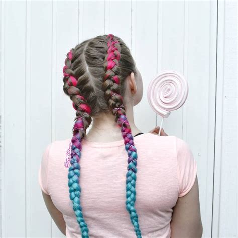 colorful dutch braids with extensions and some ribbon braids with extensions hair styles