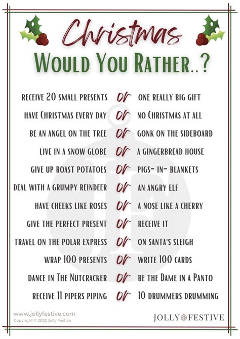125 Christmas Would You Rather Questions Jolly Festive