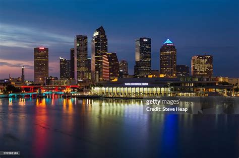 Tampa City Skyline At Night Florida Usa With The Convention Center On