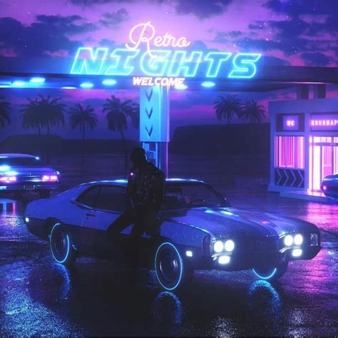 Retro Nights Car Futuristic Design Neon Lights New Retro Wave Synthwave