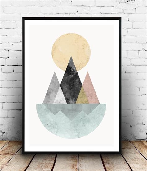 Geometric Abstract Print Nordic Design Art Mountains And Lake Poster