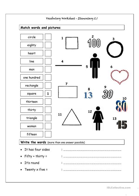 These worksheets are great for students of multiple age and abilities, helping you to differentiate your compound words lesson planning. Vocabulary Matching Worksheet - Elementary 2.1 worksheet - Free ESL printable worksheets made by ...