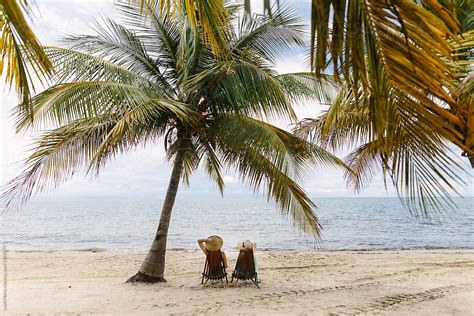 Women Sitting On Beach Under Palm Tree Del Colaborador De Stocksy