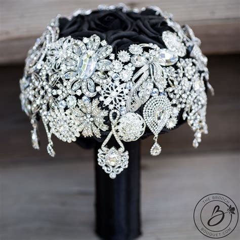 Black And Silver Brooch Bouquet With Cascading Jewels