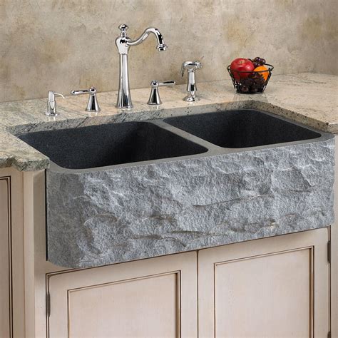 Polished Granite 6040 Offset Double Bowl Farmhouse Sink Chiseled
