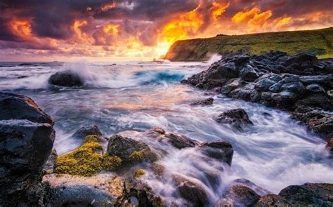 Nature Landscape Sunset Easter Island Chile Coast Sea Rock