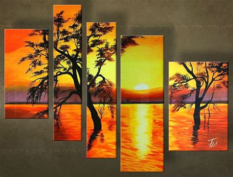 An Image Of A Painting On The Wall With Trees In It And Water At Sunset
