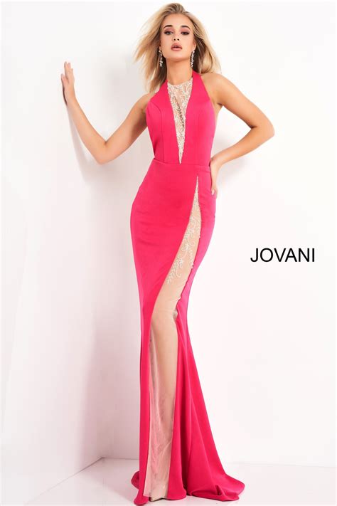 Jovani 02086 Hot Pink Halter Neck Backless Prom Dress Free Hot Nude