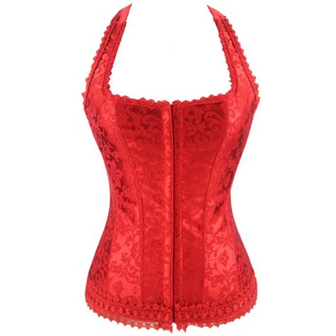 Fashion Elegant Red Halter Satin Jacquard Weave Lace Edge Corset N9728