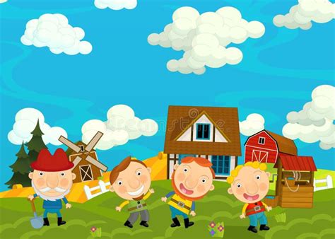 Cartoon Scene With Farmers In The Village Stock Illustration
