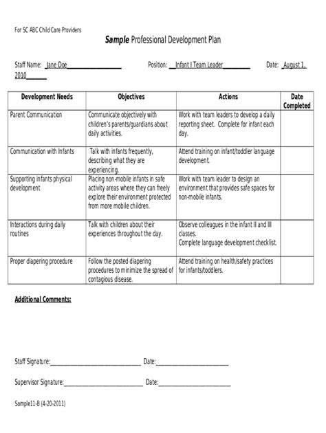 Sample Professional Development Plan Sc Child Care Doc Template