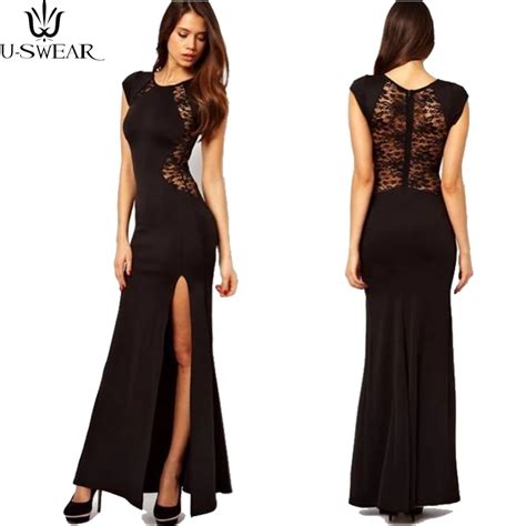 New Women Elegant Lace Stitching Sexy Split Slit Long Maxi Lace Patchwork Bodycon Formal Evening