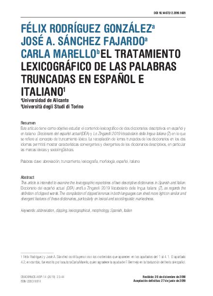 Pdf El Tratamiento Lexicográfico De Las Palabras Truncadas En Español