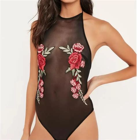 Embroidery Floral Deep V Neck Sexy Bodysuit Black Backless Strap Women