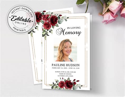 Editable Funeral Program Template With Burgundyred Roses Floral