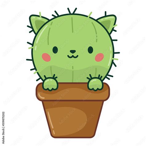Cute Kawaii Cat Cactus In A Flowerpot On White Background Cartoon