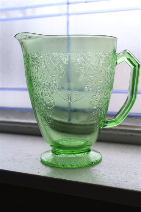 Green Depression Glass Pitcher Florentine 1 Poppy Vintage 1930s