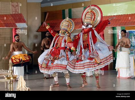 Two Kathakali Dancers Performing On A Stage Kerala India Stock Photo