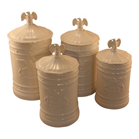 Vintage Ceramic Kitchen Canisters With Eagle Topped Lids Set Of 4