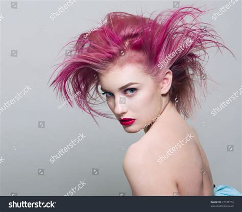 Beautiful Young Woman With Dyed Purple Hair Stock Photo