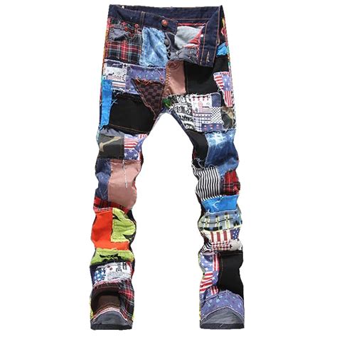Mens Patchwork Spliced Ripped Denim Jeans Male Fashion Slim Colored
