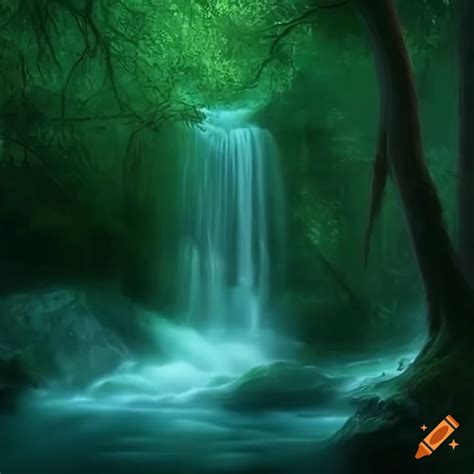 waterfalls and rivers in mystical green woods