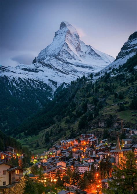 The Matterhorn And The Town Of Zermatt At Night Switzerland