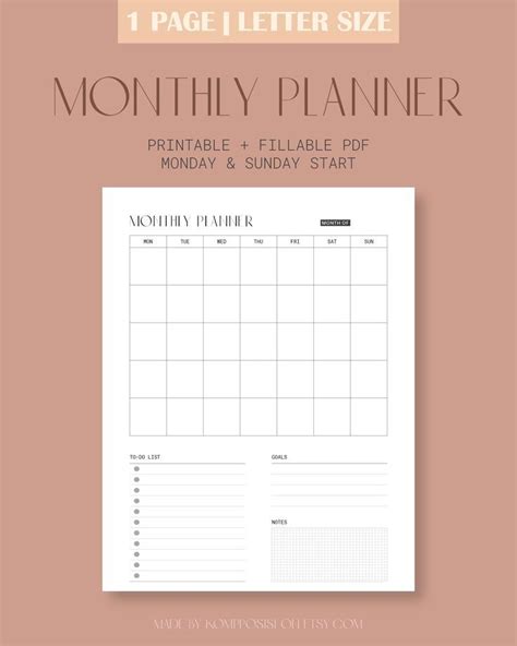 Monthly Planner Printable Page Fillable Monthly Schedule Pdf Etsy
