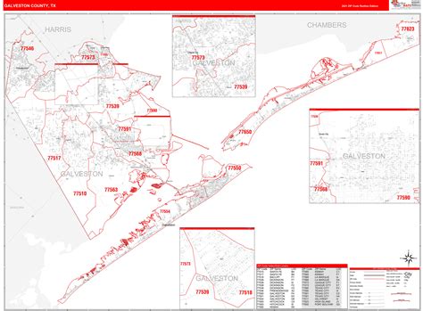 Galveston County Tx Zip Code Wall Map Red Line Style By Marketmaps