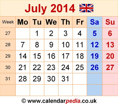 Calendar July 2014 Uk With Excel Word And Pdf Templates