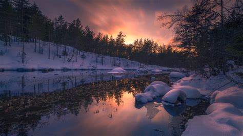 Wallpaper Snow River Trees Sunset Winter Ringerike Norway