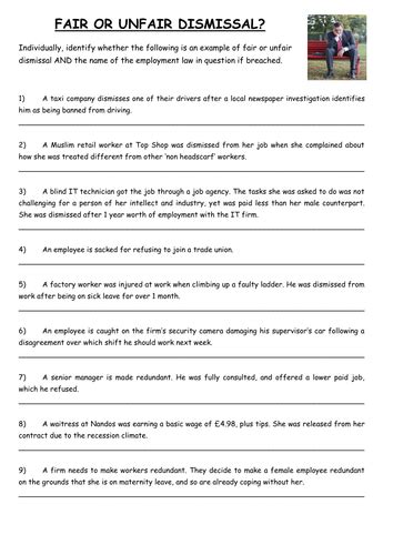 Employment Law Fair Vs Unfair Dismissal Worksheet Teaching Resources