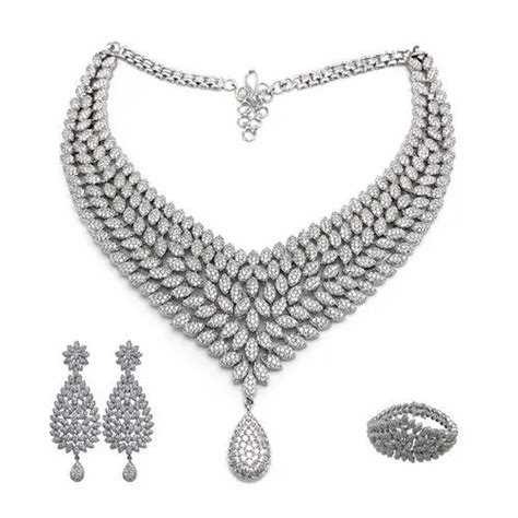 Silver Hastkari American Diamond Magnificent Necklace Set Size Medium