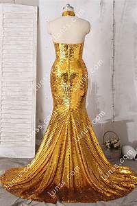 Sparkly Gold Sequin Choker Mermaid Long Prom Dress Lunss
