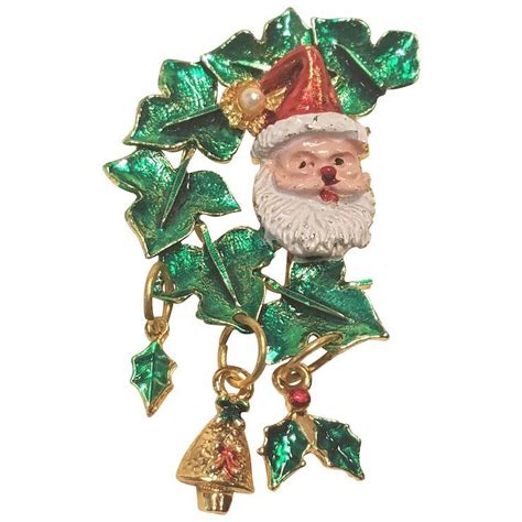 Vintage Brass Enameled Christmas Pin With Santa Dangles Christmas