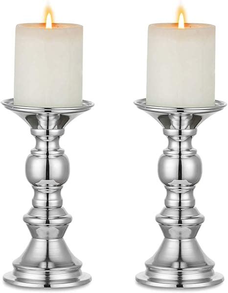 Nuptio 2 Pcs Silver Pillar Candle Holders Wedding Centerpieces Metal