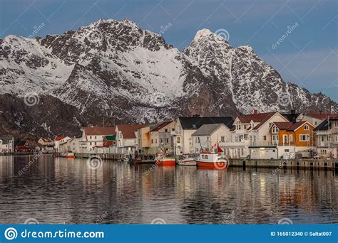 View Of The Waterfront Harbor In Lofoten In Winter Fishing Village And