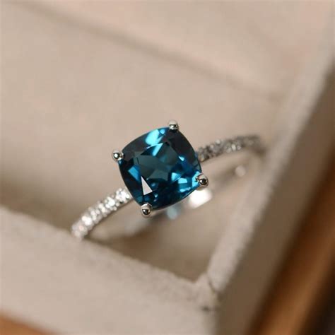 Cushion Cut London Blue Topaz Engagement Ring Round Simulated Diamond