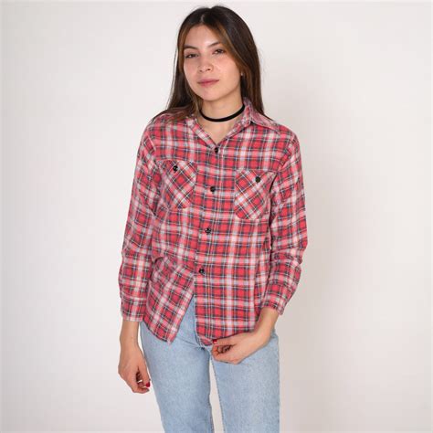 Red Flannel Shirt 90s Plaid Button Up Shirt Retro Checkered Print
