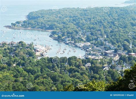 Aerial View Of Camden Harbor Seen From Mt Battie Stock Photo Image