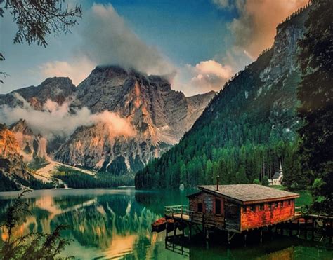 Cabin By The Dolomites Mountain Lake In Italty Official Paint By