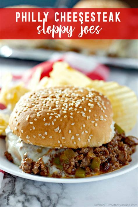 Here's the recipe, philly cheese steak sloppy joes. Philly Cheesesteak Sloppy Joes - Kitchen Fun With My 3 Sons
