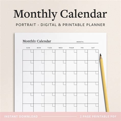 Monthly Calendar Template 1 Page Digital And Printable Pdf Minimal