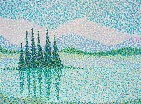 Medium Original Pointillism Painting Acrylic On Canvas Lake In