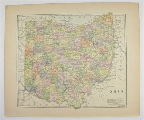Antique Ohio Map 1896 Vintage Map Of Ohio State County Map Etsy