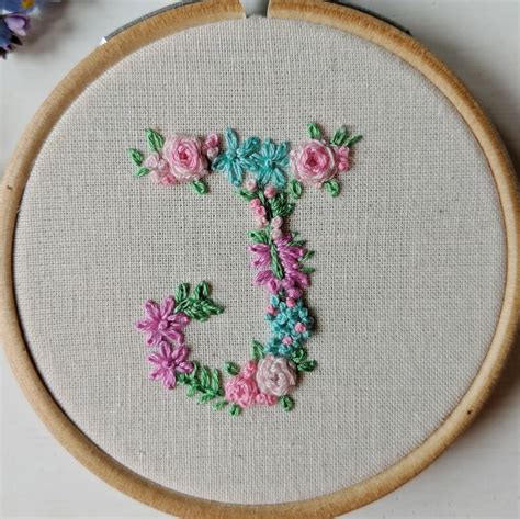 Floral J Hoop Art Hand Embroidery Alphabet Etsy Uk