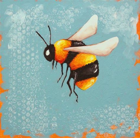 Original Acrylic Canvas Whimsical Bee 3 Painting Blue Background 12 X