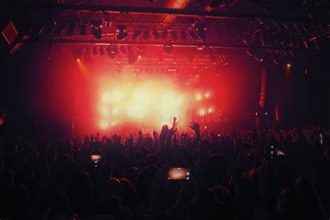 Crowd Silhouettes At Music Concert In Front Of Stage Stock Photo