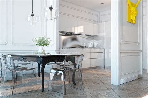 The table legs are always in the corners of the table top. Transparent chair - Small spaces - D.Signers