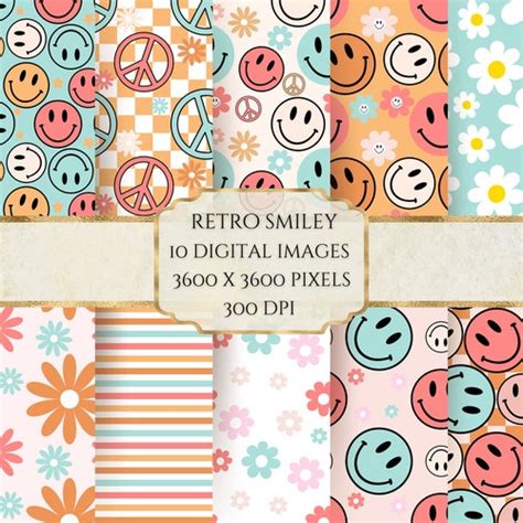 Retro Smiley Face Digital Paper Seamless Happy Face Pattern Etsy Uk